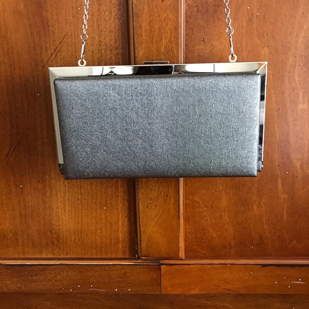 Silver clutch purse with chain shoulder strap
